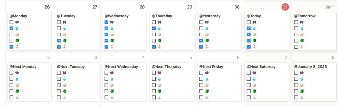 Daily habits checklist displayed in weekly format