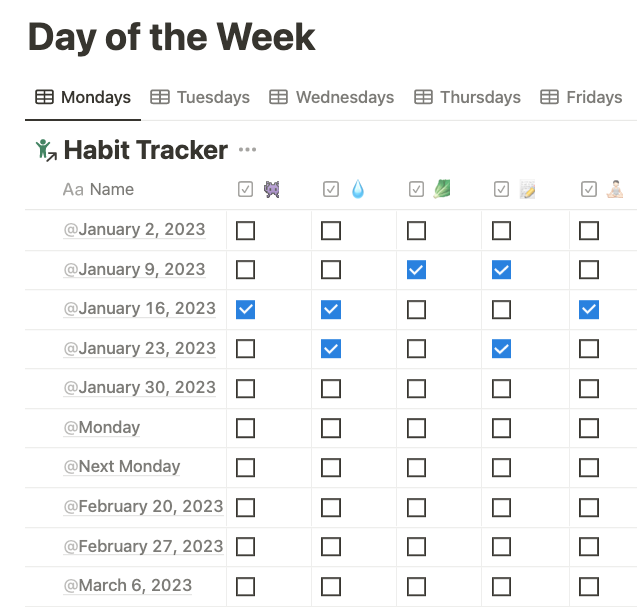 Daily habits checklist displayed in weekly format